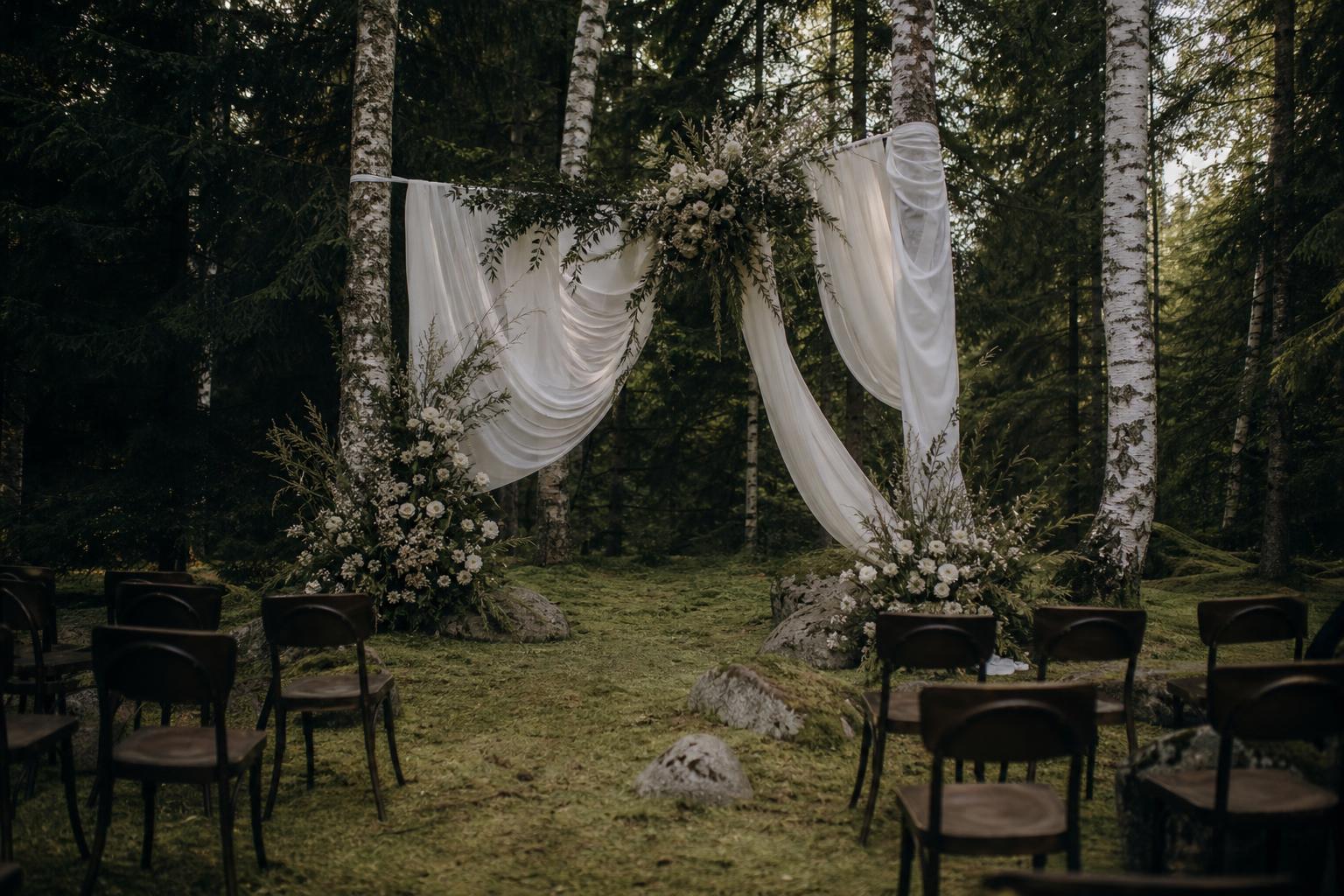 Blomstersmyckad vigselbåge i nordisk skog
