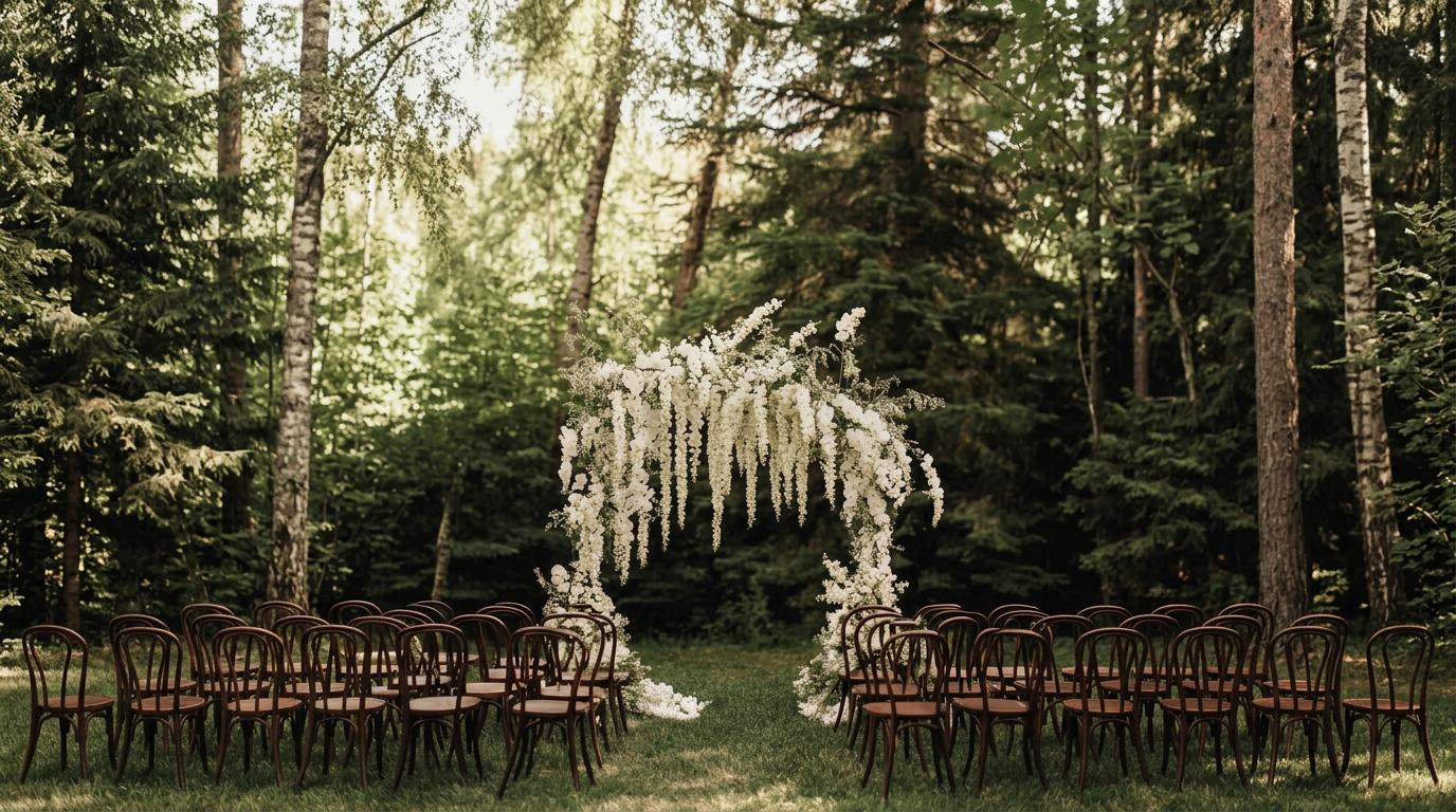 Blomstersmyckad vigselbåge i nordisk skog